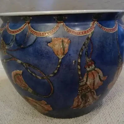 Vintage Chinoiserie Porcelian Koi Fish Bowl in Blue with Tassel Design