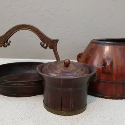 Vintage/Antique Chinese Wooden Offering Basket, Rice Bucket and Lidded Pot