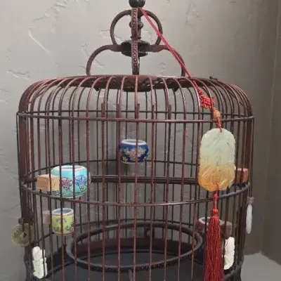 Vintage Chinese Bamboo Song Bird Bird Cage - Porcelain Feed Bowls - Handcrafted