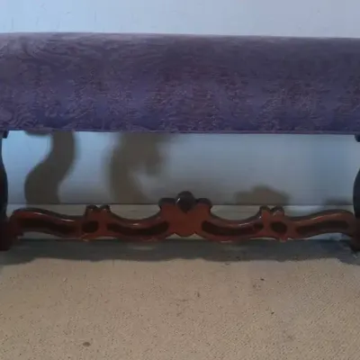 Vintage Wooden Bench With Purple Upholstered Seat