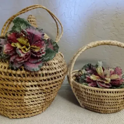 Two-Large Hand Woven Baskets with Artificial Plants