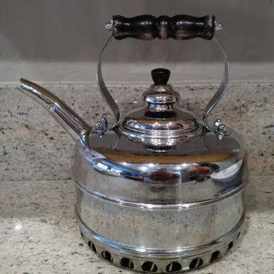 Simplex Copper Whistling Tea Kettle Chrome Finish Made in England 