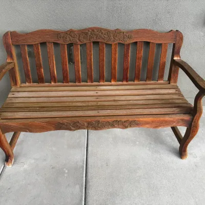 Wooden Garden Bench with Carved Hummingbird and Floral Design