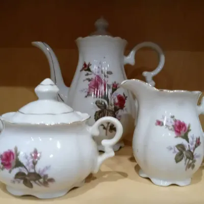 Porcelain Teapot with Cream & Sugar Dishes with Rose Designs
