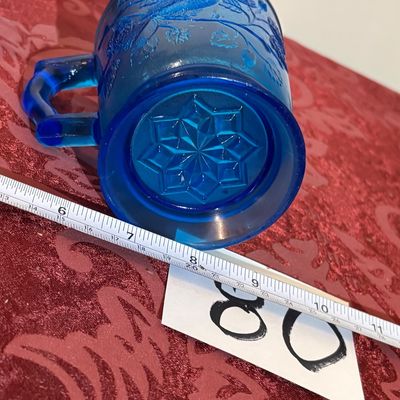 vintage blue glass "Robin in a Tree" pedestal Mug