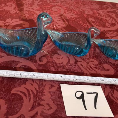 Vintage Blown Glass Blue Turquoise NESTING SWANS Trinket Dishes SET OF 3