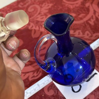 Antique Czech Bohemian Cobalt Blue Cut to Clear Glass Hand Blown Cruet Bottle