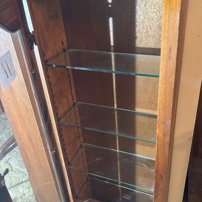 vintage medium-wood curio display cabinet