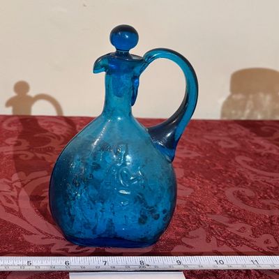 Vintage Blue Glass Holy Water Cruet with Stopper Marian Symbol Religious Art Glass
