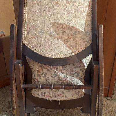 Antique Victorian Dark Wood Folding Rocking Chair Tapestry Seat & Back