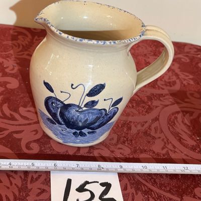 CASEY POTTERY Marshall Texas TX Blue White Apples Spongeware 6" Water Pitcher