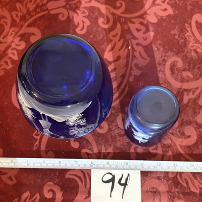 Vintage Cobalt Blue Mary Gregory Girl with Bird Hand Painted Vase And Glass