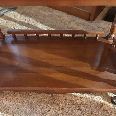 vintage cherry wood drop-leaf tea cart and rolling bar server two upper drawers