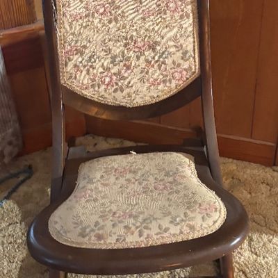 Antique Victorian Dark Wood Folding Rocking Chair Tapestry Seat & Back