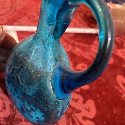 Vintage Blue Glass Holy Water Cruet with Stopper Marian Symbol Religious Art Glass