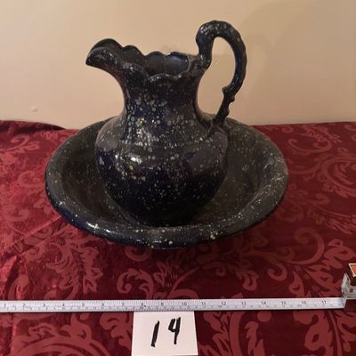 vintage blue splatterware ceramic Pitcher