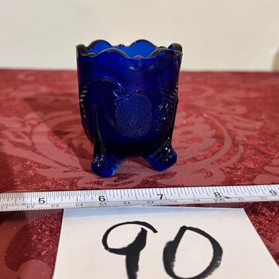Toothpick Holder Cobalt Blue Glass Inverted Strawberry 3 Footed Scalloped Edge
