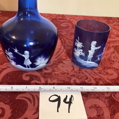Vintage Cobalt Blue Mary Gregory Girl with Bird Hand Painted Vase And Glass