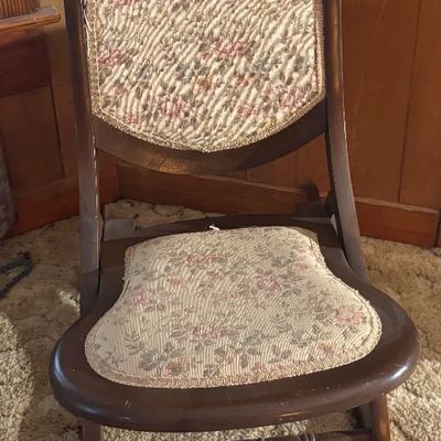 Antique Victorian Dark Wood Folding Rocking Chair Tapestry Seat & Back
