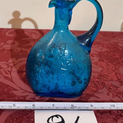 Vintage Blue Glass Holy Water Cruet with Stopper Marian Symbol Religious Art Glass