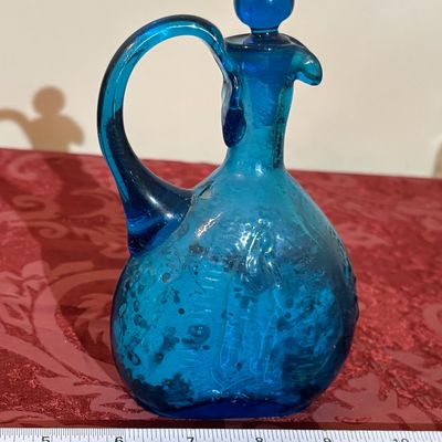 Vintage Blue Glass Holy Water Cruet with Stopper Marian Symbol Religious Art Glass