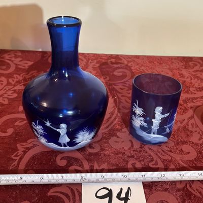 Vintage Cobalt Blue Mary Gregory Girl with Bird Hand Painted Vase And Glass