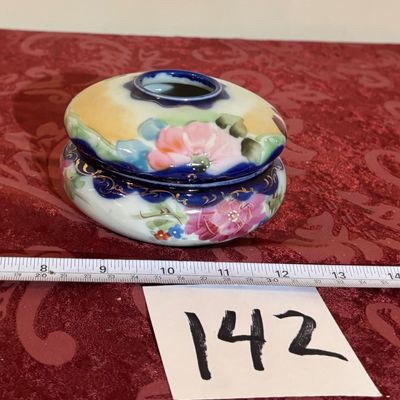Antique Victorian Porcelain Hair Receiver Vanity Accessory Roses Handpainted