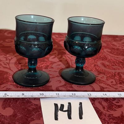 Vintage Indiana Glass 'Kings Crown' Thumbprint wine Goblet Teal Blue 5.5” Set