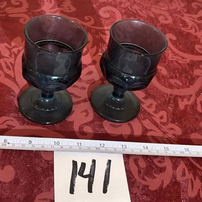 Vintage Indiana Glass 'Kings Crown' Thumbprint wine Goblet Teal Blue 5.5” Set