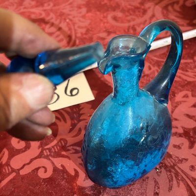 Vintage Blue Glass Holy Water Cruet with Stopper Marian Symbol Religious Art Glass