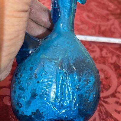Vintage Blue Glass Holy Water Cruet with Stopper Marian Symbol Religious Art Glass
