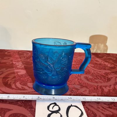 vintage blue glass "Robin in a Tree" pedestal Mug