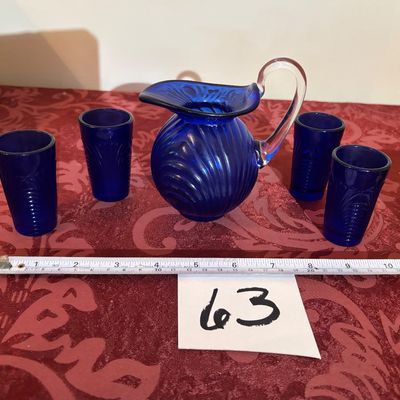 COBALT BLUE SMALL PITCHER AND 4 CORDIAL GLASSES