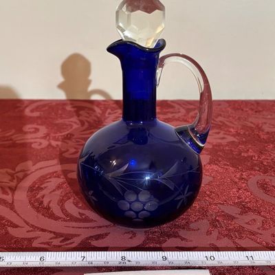 Antique Czech Bohemian Cobalt Blue Cut to Clear Glass Hand Blown Cruet Bottle