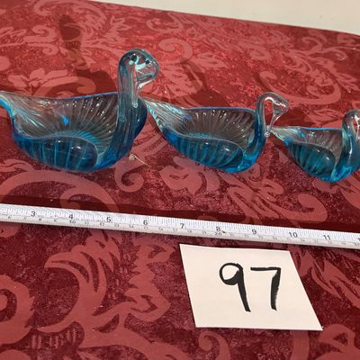 Vintage Blown Glass Blue Turquoise NESTING SWANS Trinket Dishes SET OF 3