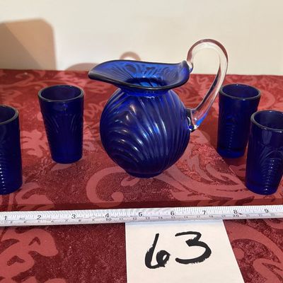 COBALT BLUE SMALL PITCHER AND 4 CORDIAL GLASSES