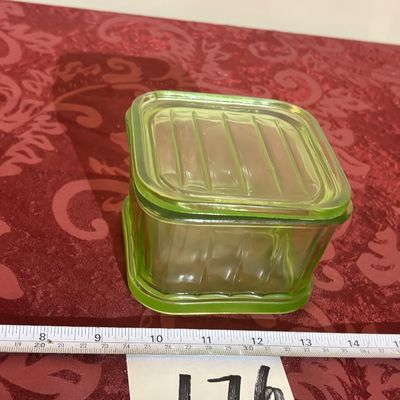 4” Cubic Refrigerator Covered Dish Bowl Green Depression Uranium Glass