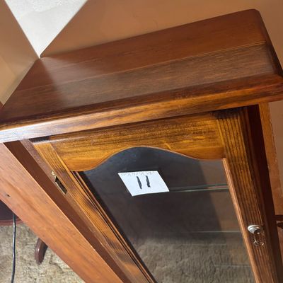 vintage medium-wood curio display cabinet