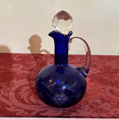 Antique Czech Bohemian Cobalt Blue Cut to Clear Glass Hand Blown Cruet Bottle