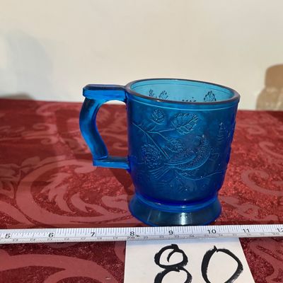 vintage blue glass "Robin in a Tree" pedestal Mug