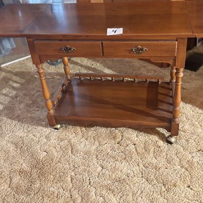 vintage cherry wood drop-leaf tea cart and rolling bar server two upper drawers