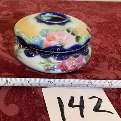 Antique Victorian Porcelain Hair Receiver Vanity Accessory Roses Handpainted