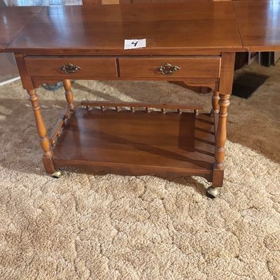 vintage cherry wood drop-leaf tea cart and rolling bar server two upper drawers