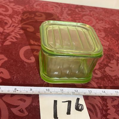 4” Cubic Refrigerator Covered Dish Bowl Green Depression Uranium Glass