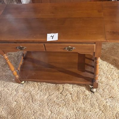 vintage cherry wood drop-leaf tea cart and rolling bar server two upper drawers