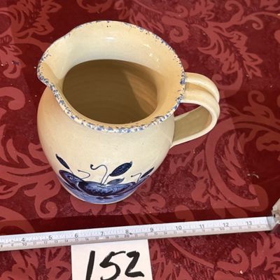 CASEY POTTERY Marshall Texas TX Blue White Apples Spongeware 6" Water Pitcher