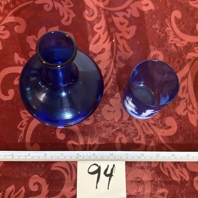 Vintage Cobalt Blue Mary Gregory Girl with Bird Hand Painted Vase And Glass