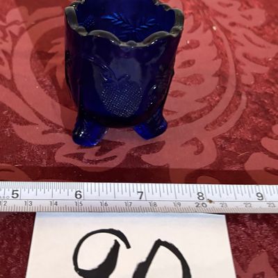 Toothpick Holder Cobalt Blue Glass Inverted Strawberry 3 Footed Scalloped Edge