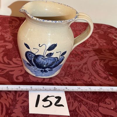 CASEY POTTERY Marshall Texas TX Blue White Apples Spongeware 6" Water Pitcher