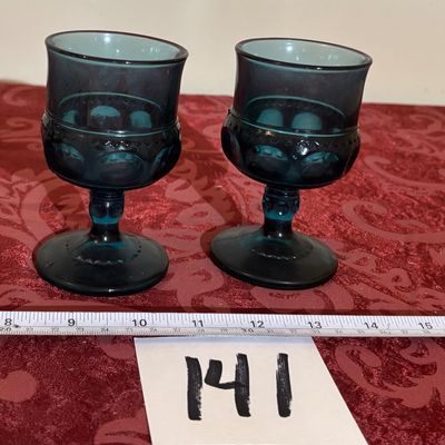 Vintage Indiana Glass 'Kings Crown' Thumbprint wine Goblet Teal Blue 5.5” Set